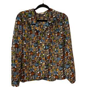 Fashion Attitudes Button Up Blouse Multicolor Geometric Womens Long‎ Sleeve Vtg